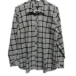 Talbots Women Black Plaid LS Button‎ Up Flannel Soft XL Classy Metallic